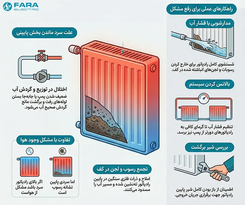 چرا قسمت پایین رادیاتور سرد و بالای آن داغ است؟